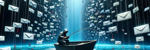 Man in a boat fishing e-mails, allusion to phishing