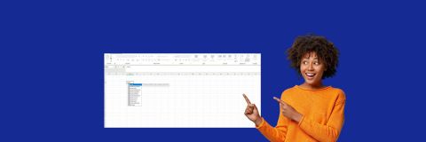 MS Excel e-learning demo by Comarch Training. A smiling woman in an orange sweater points to an open